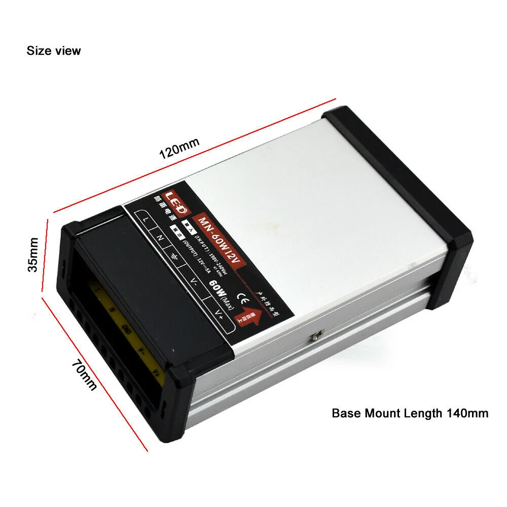 60W LED power supply in a compact aluminum case, AC 110–240V input, DC 12V output, IP45 rating, with screw terminals.