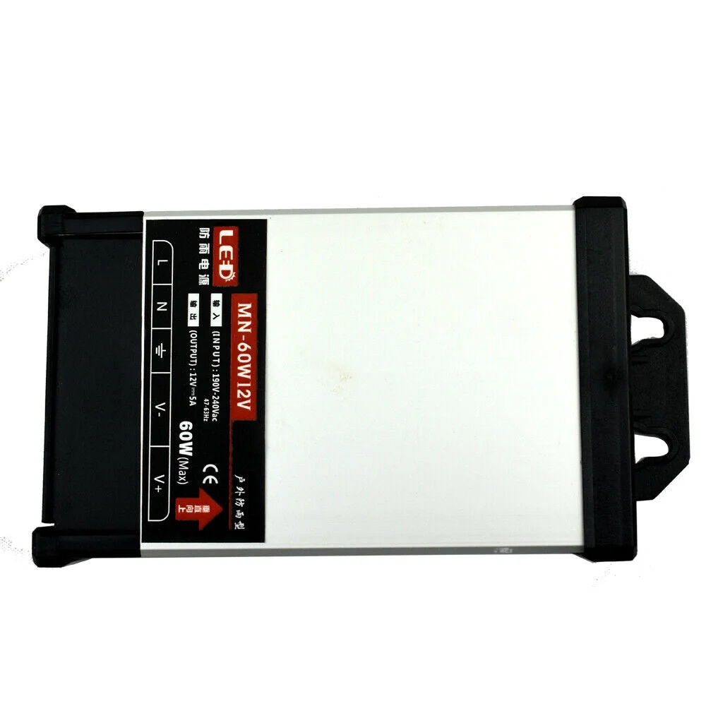 Compact 12V 60W rainproof LED driver, IP45 rated, aluminium alloy case, screw terminals