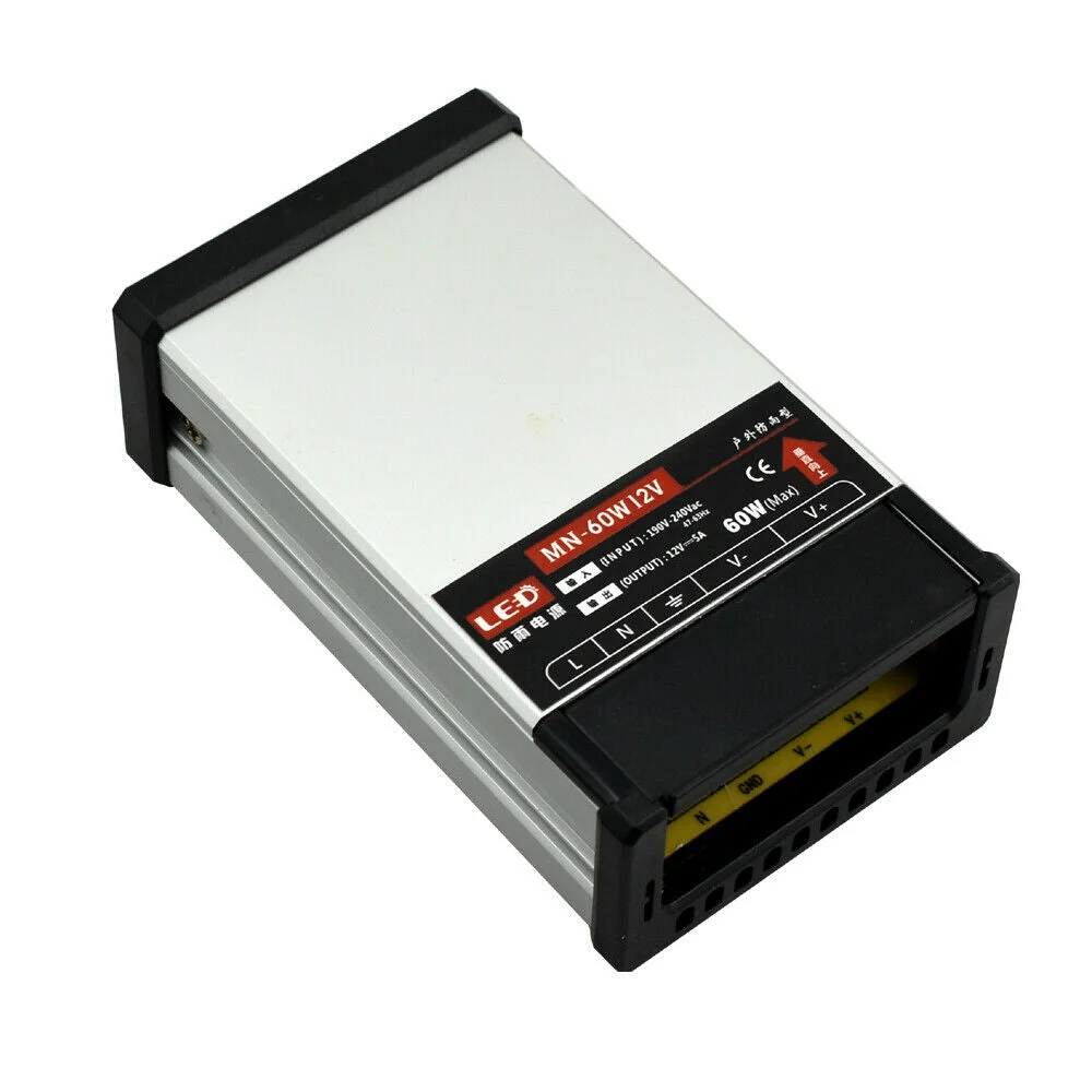 Compact aluminium alloy outdoor LED transformer, 12V 60W, IP45 rainproof, screw terminals, labelled DC 12V