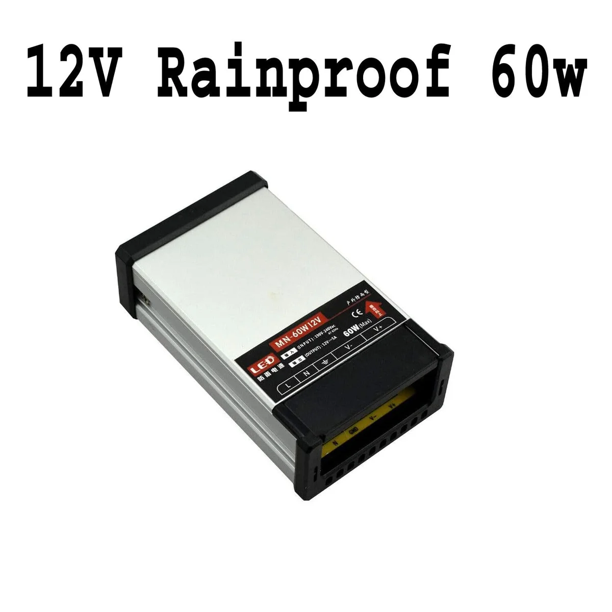 Compact white DC power supply with black screw terminals, IP45 rated case, labeled 12V 60W, on a light grey background.