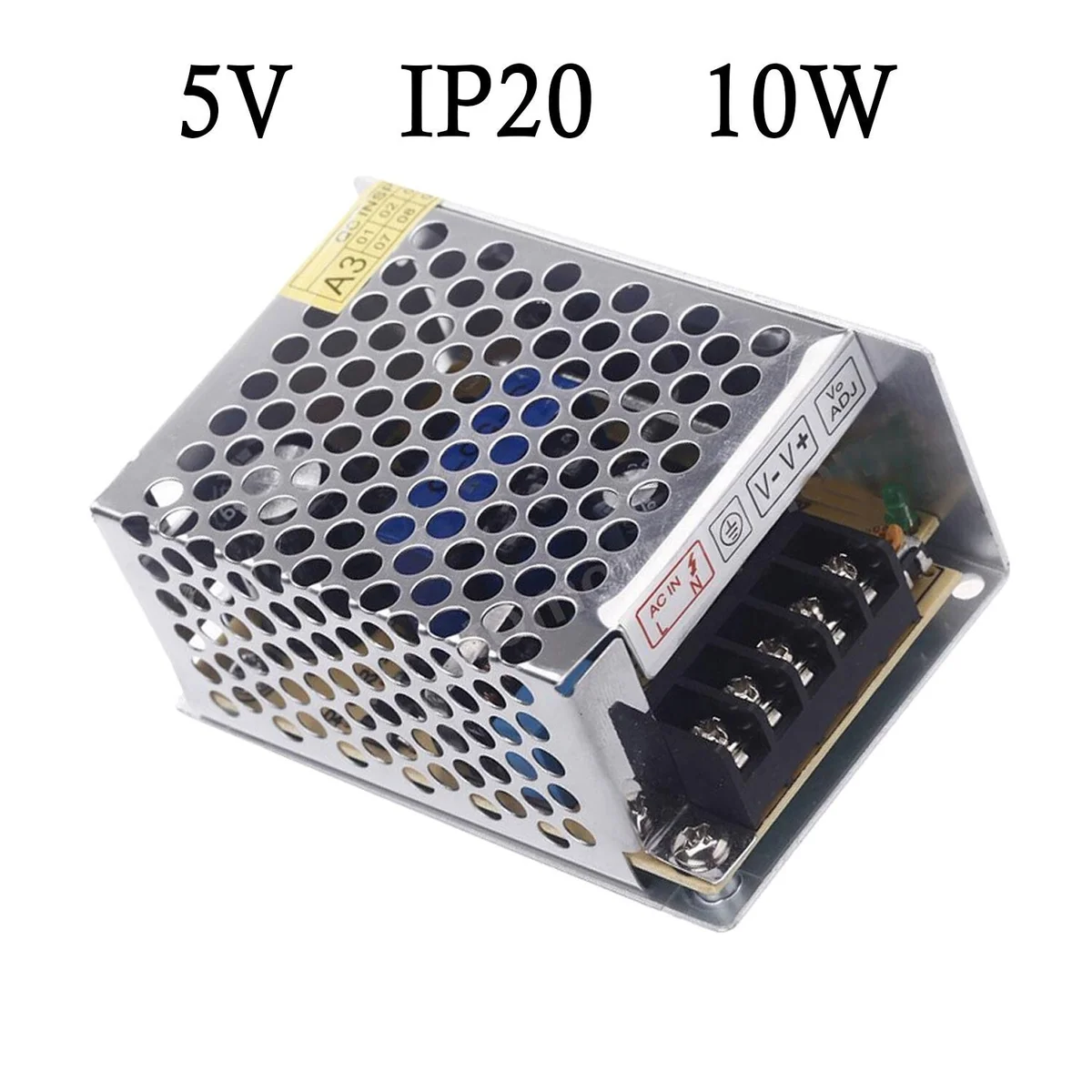 Compact DC 5V LED power supply in an aluminum case with a USB‑style plug and built‑in safety features.
