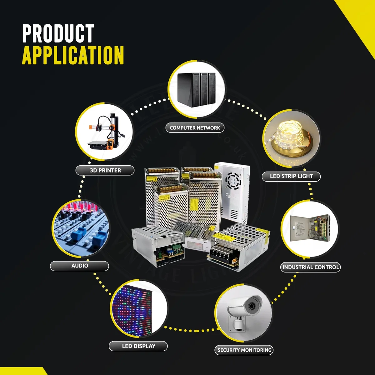 Compact indoor LED transformer with aluminum case and visible pins, resting on neutral background