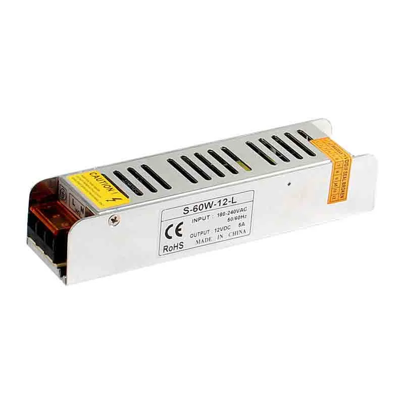 12V LED transformer in metal aluminium housing, compact 16×4×3.2 cm, with screw terminals exposed for connection.