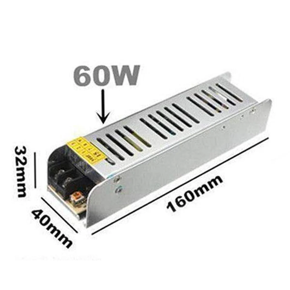 60W LED power supply in a compact aluminium case with honeycomb ventilation, screw terminals and stencil label