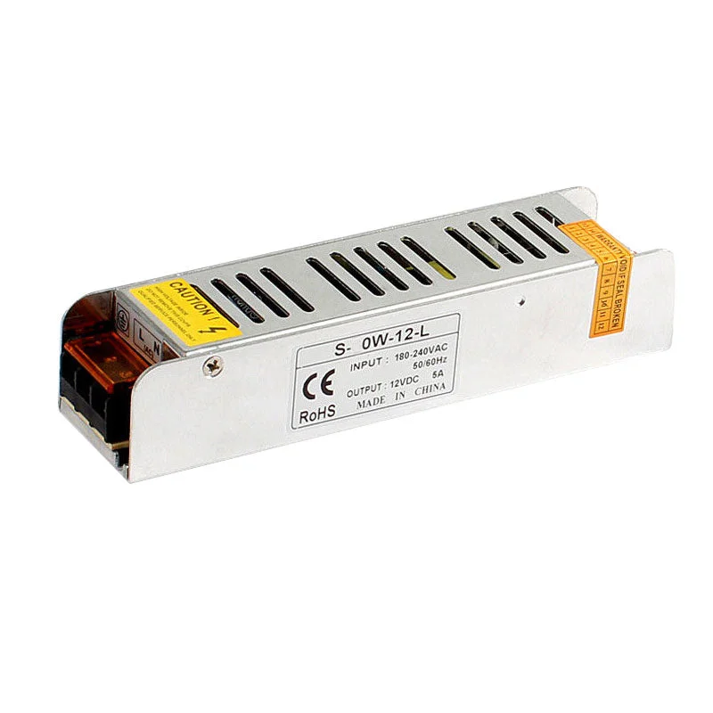 12V 60W 5A switching power supply in compact aluminium housing with screw terminals.