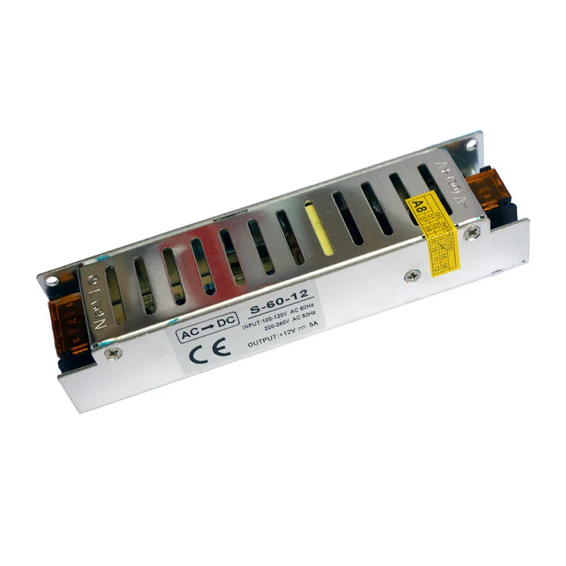 12V 60W constant voltage driver in aluminium housing, featuring screw terminals and visible square outlet on front panel.