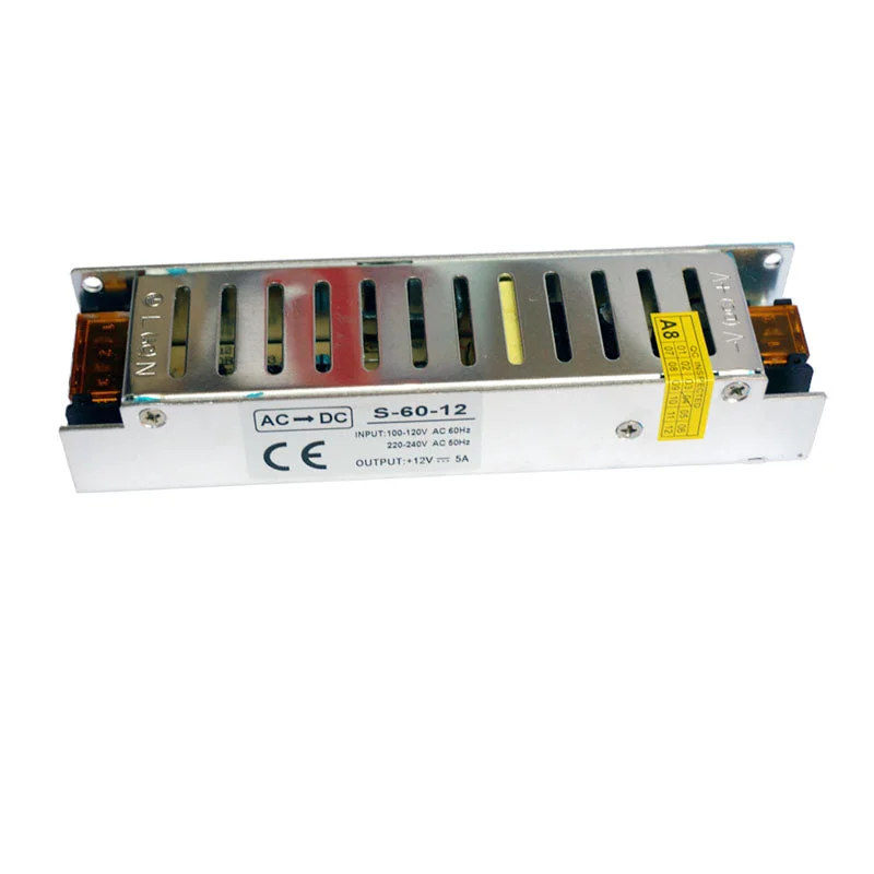Small aluminium housing 12V 60W non-dimmable LED driver with screw terminals and honeycomb ventilation.