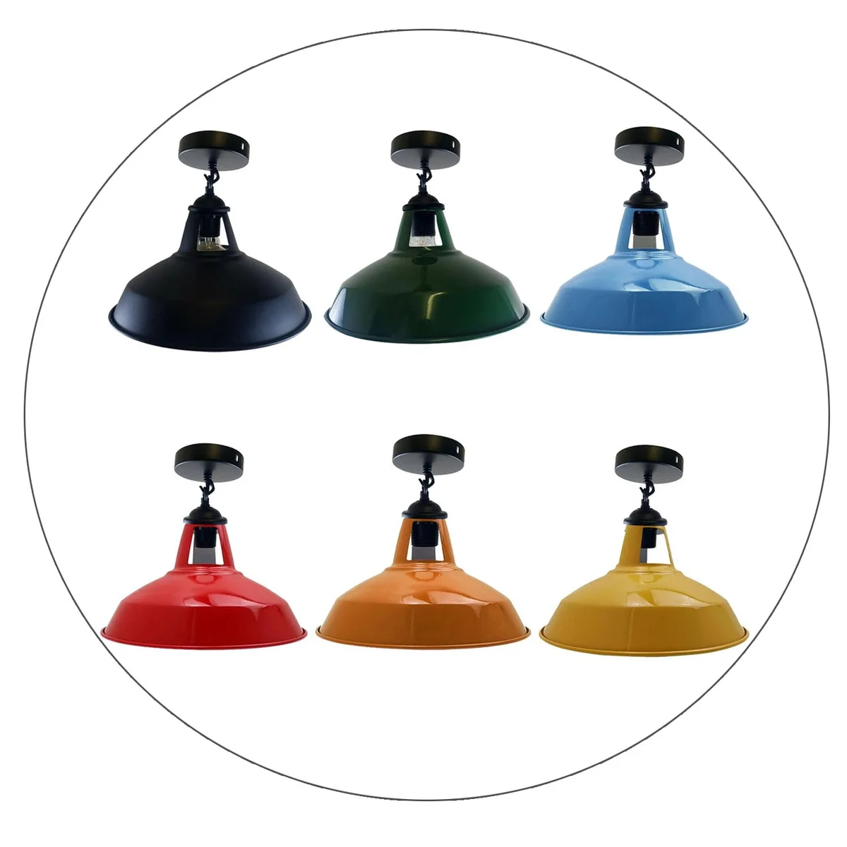 Industrial metal pendant light with black dome shade, 30cm wide, hanging from a ceiling rose