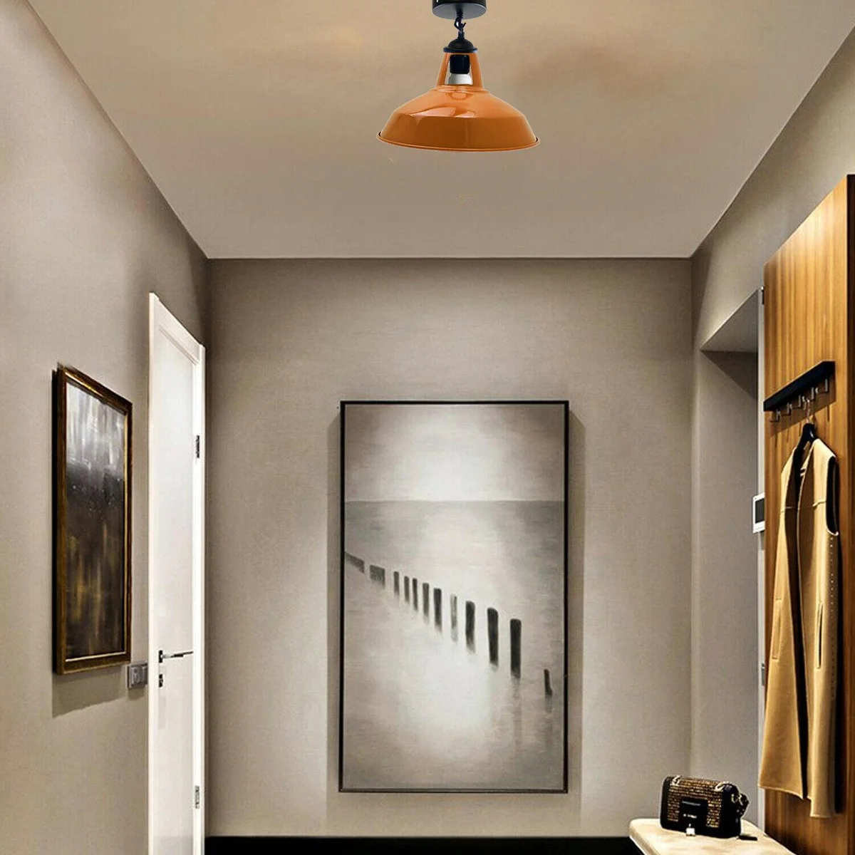 30cm dome ceiling light with metal frame and circular shade, illustrating a clean industrial vintage style in black.