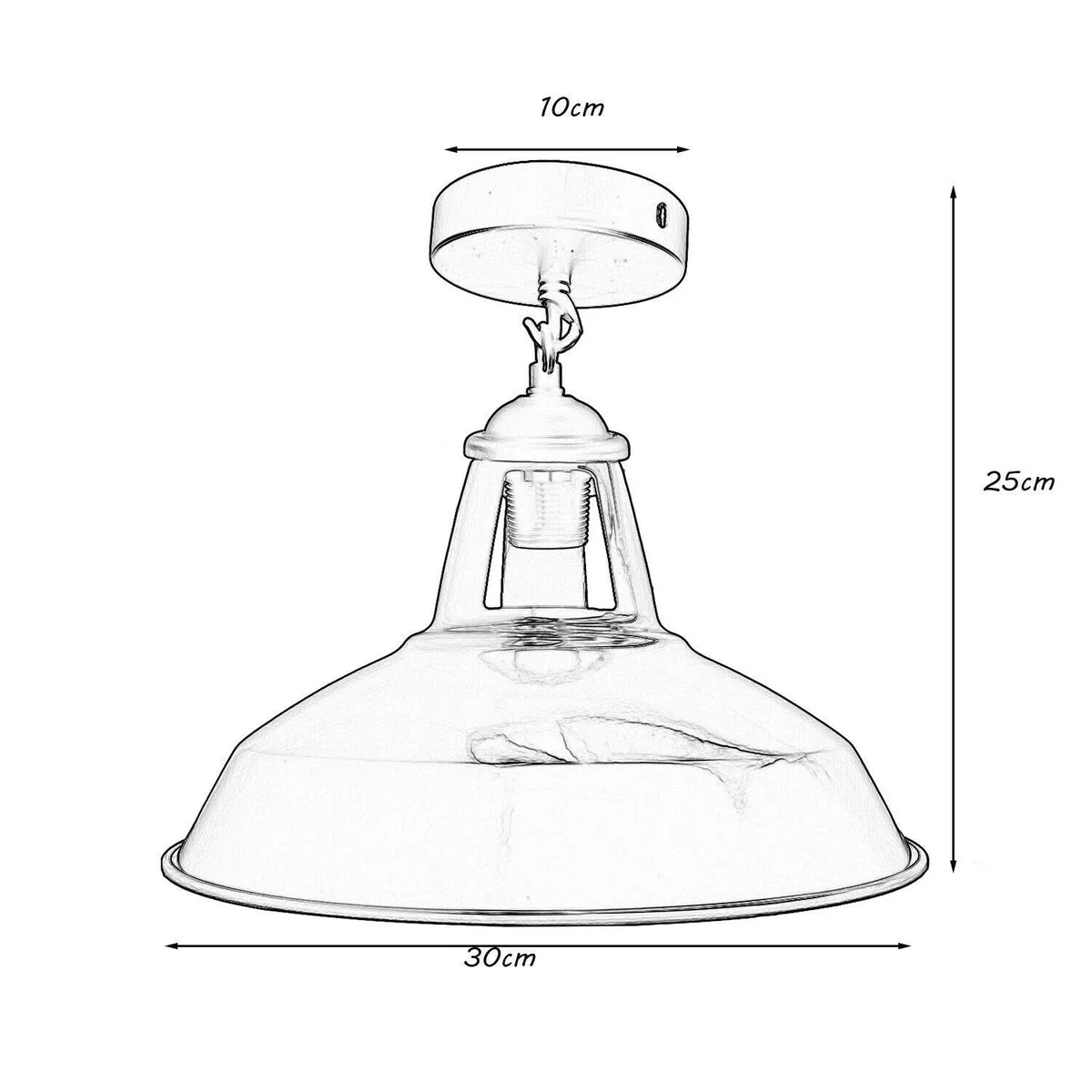 Black industrial metal pendant light with 30cm dome shade, E27 lamp base, hanging from a ceiling rose