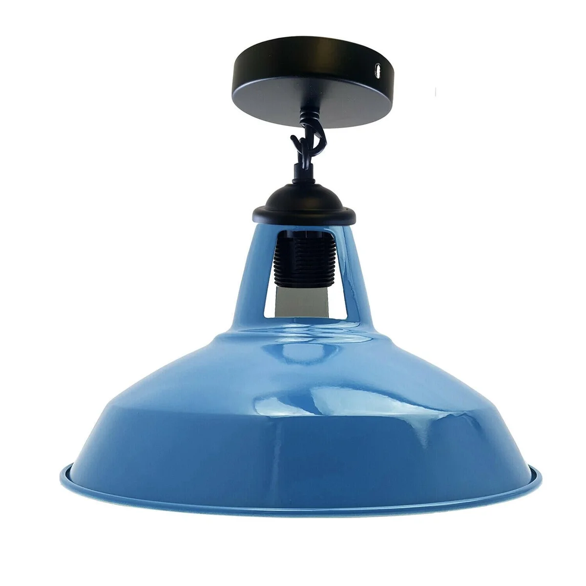 Industrial metal pendant light in black with a 30cm metal shade, hanging from ceiling with a standard E27 base.