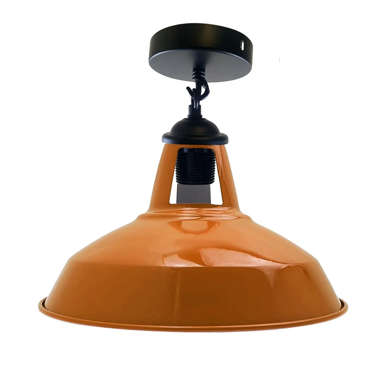 Industrial metal pendant light with 30cm black dome shade, metal fixture, E27 base, ceiling rose and hook included