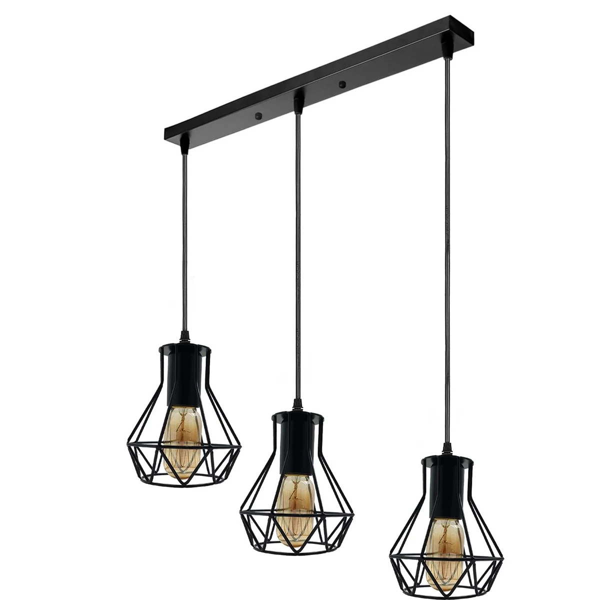 Black industrial metal cage ceiling light with three bulbs hanging from a long PVC cable