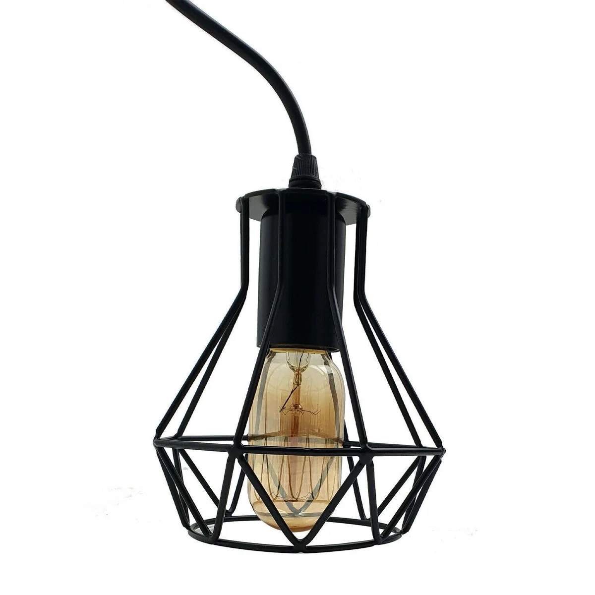 Black metal cage pendant light with three lamp holders hanging from a 95 cm PVC cable.