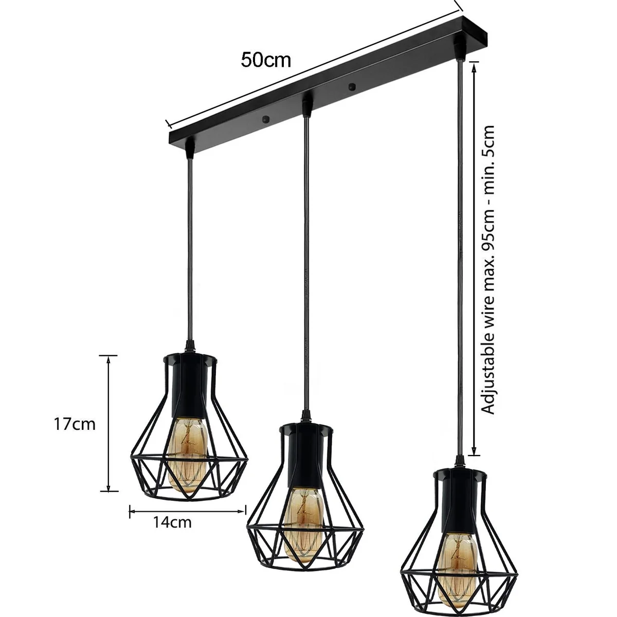 Three‑head black metal E27 bulb pendant with rectangular cage and 95 cm PVC cable