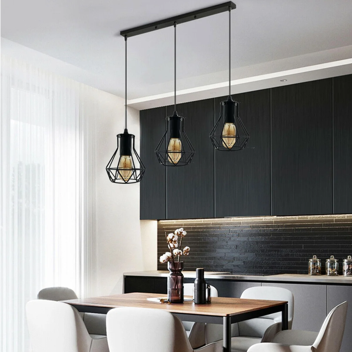 Black metal industrial style lighting trifold rectangle pendant light with 3 light cages, 95 cm PVC cable, E27 base