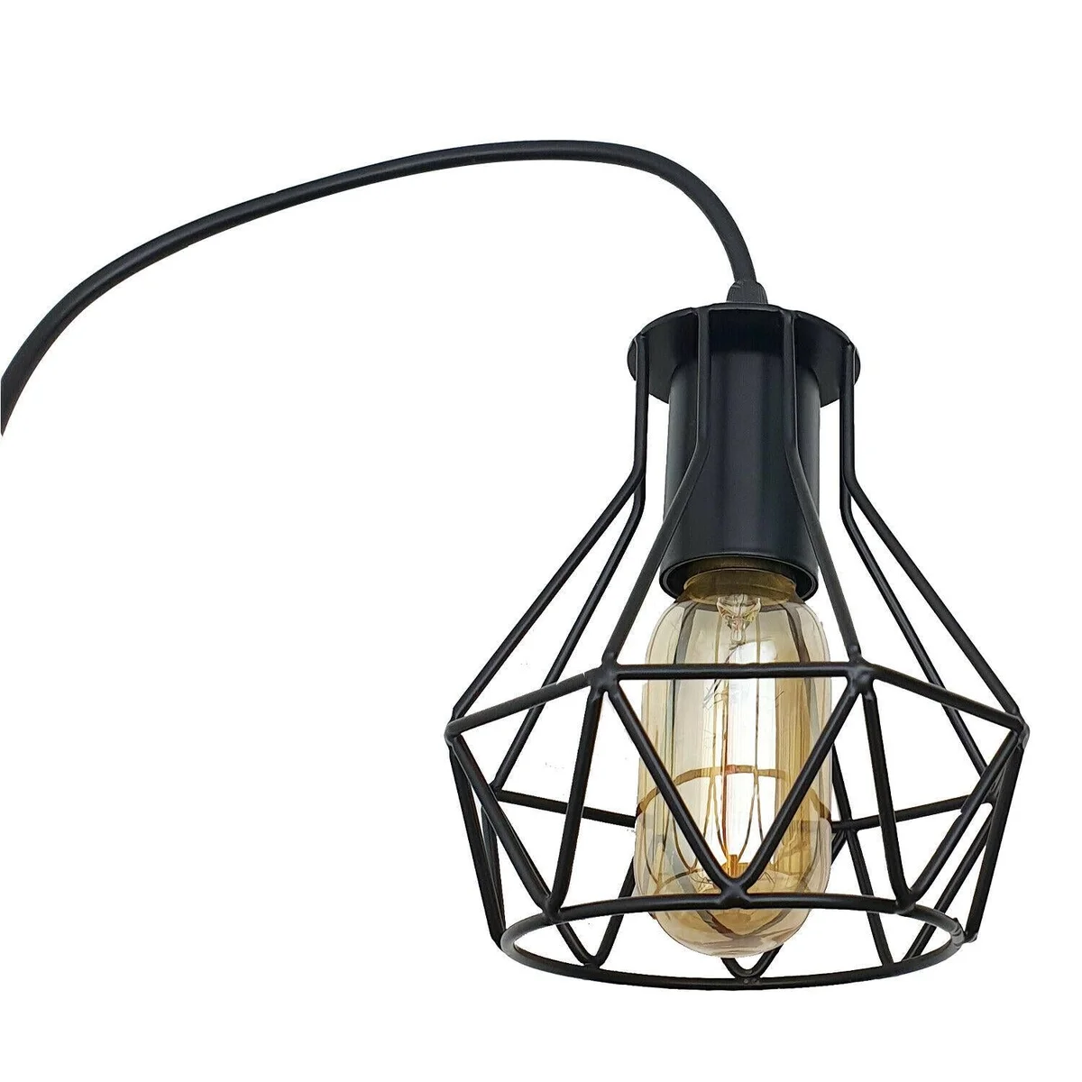 Black industrial metal ceiling light with three metal cages and a 95 cm PVC cable.