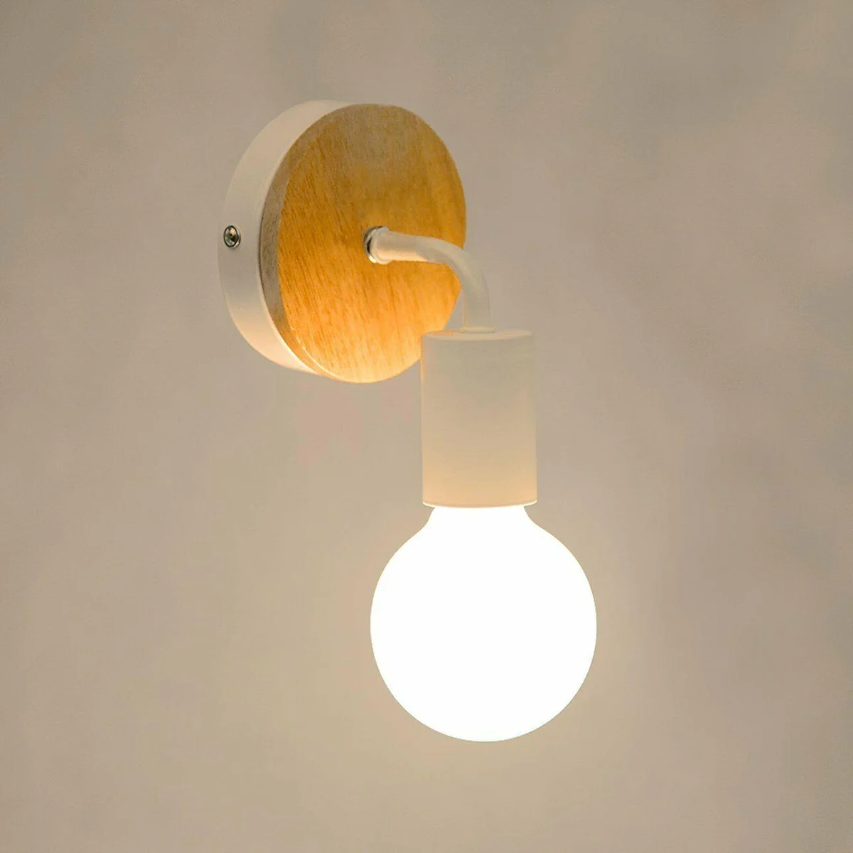 Retro wood wall sconce with black metal base and white wooden frame, featuring E27 holder
