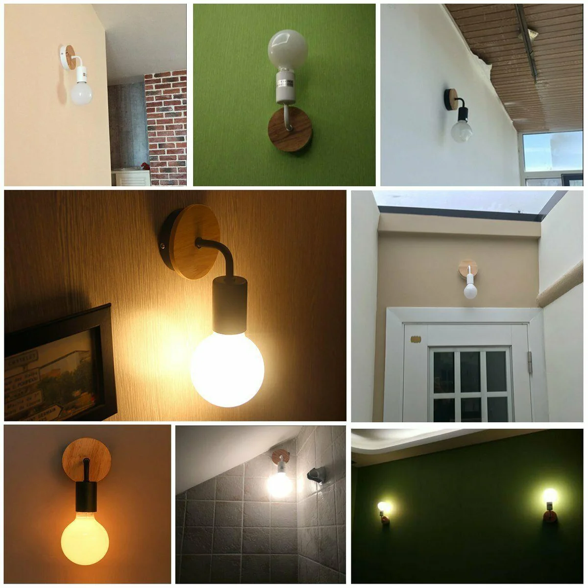 Retro wooden E27 wall sconce light in black finish with metal bracket – vintage industrial style.