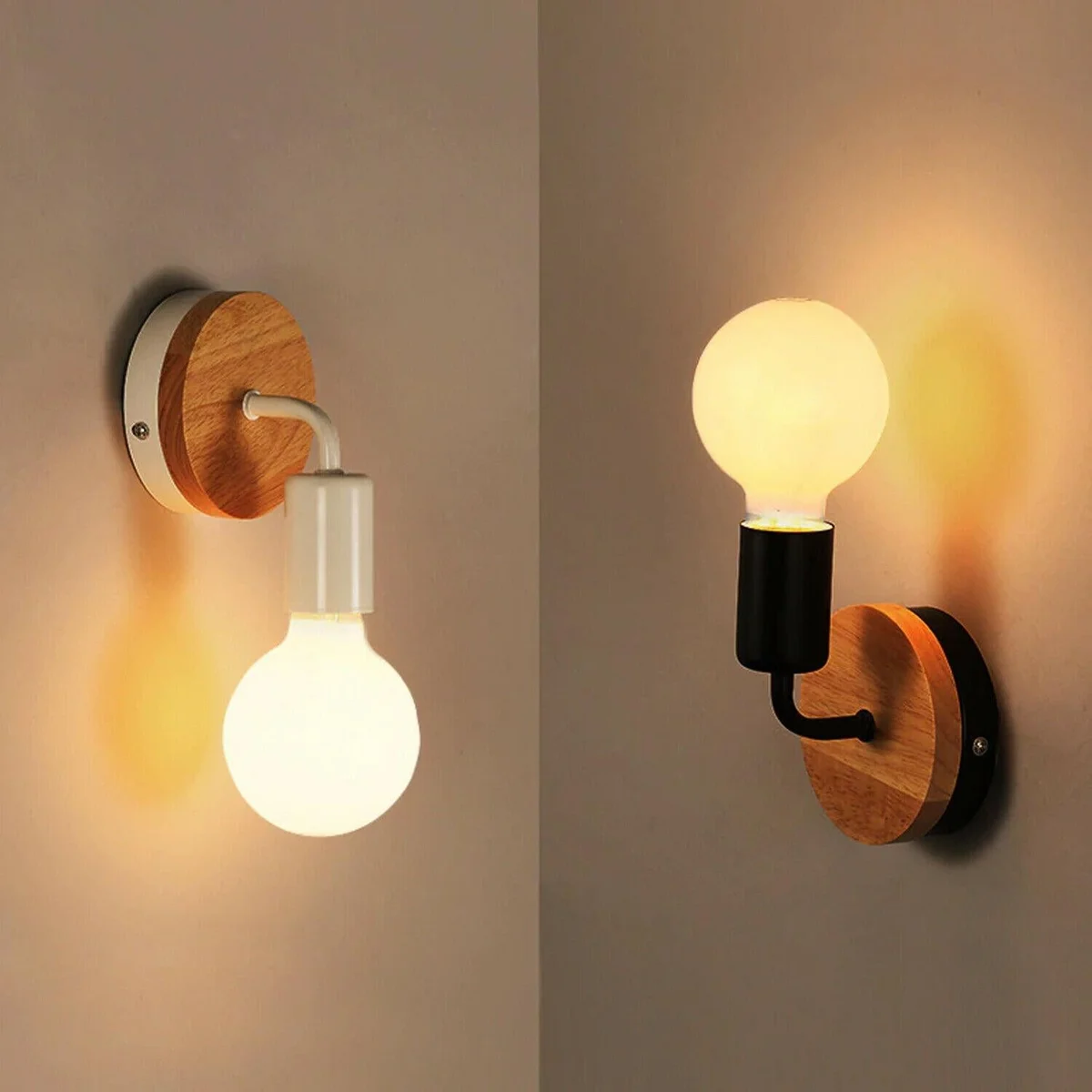 Retro wood wall sconce with black metal frame and exposed wood back, ready for E27 lamp installation
