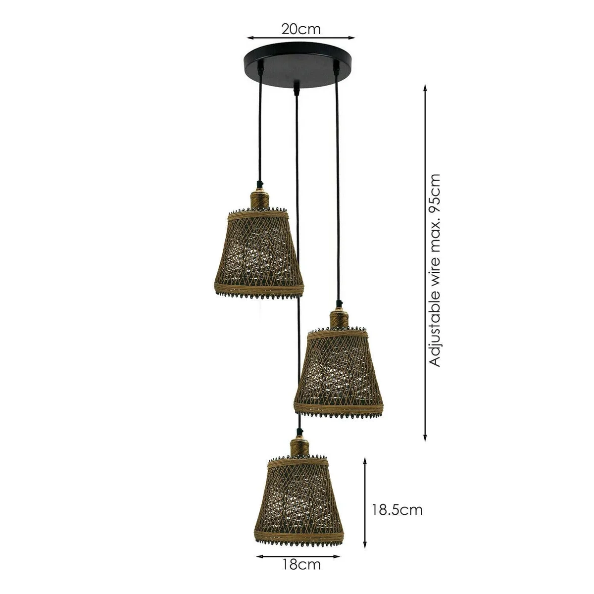 Brown metal and rattan industrial pendant light with three candle‑shaped shades, 95 cm long
