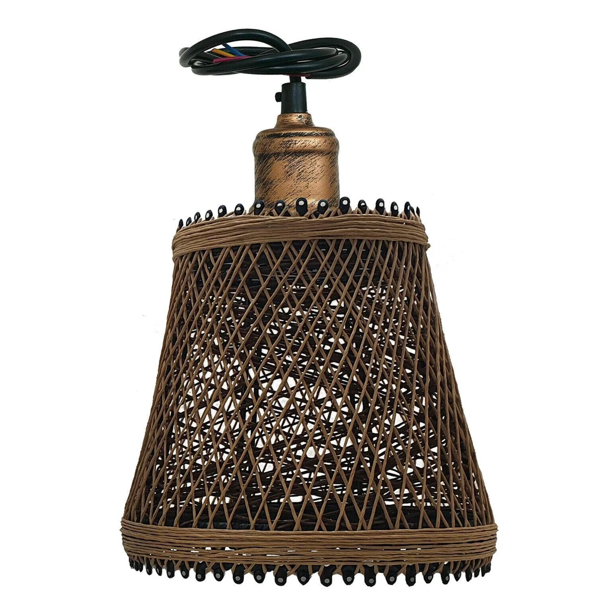 E27 pendant lighting fixture with brown metal frame and woven rattan strands, three light holders, hanging for cafe style