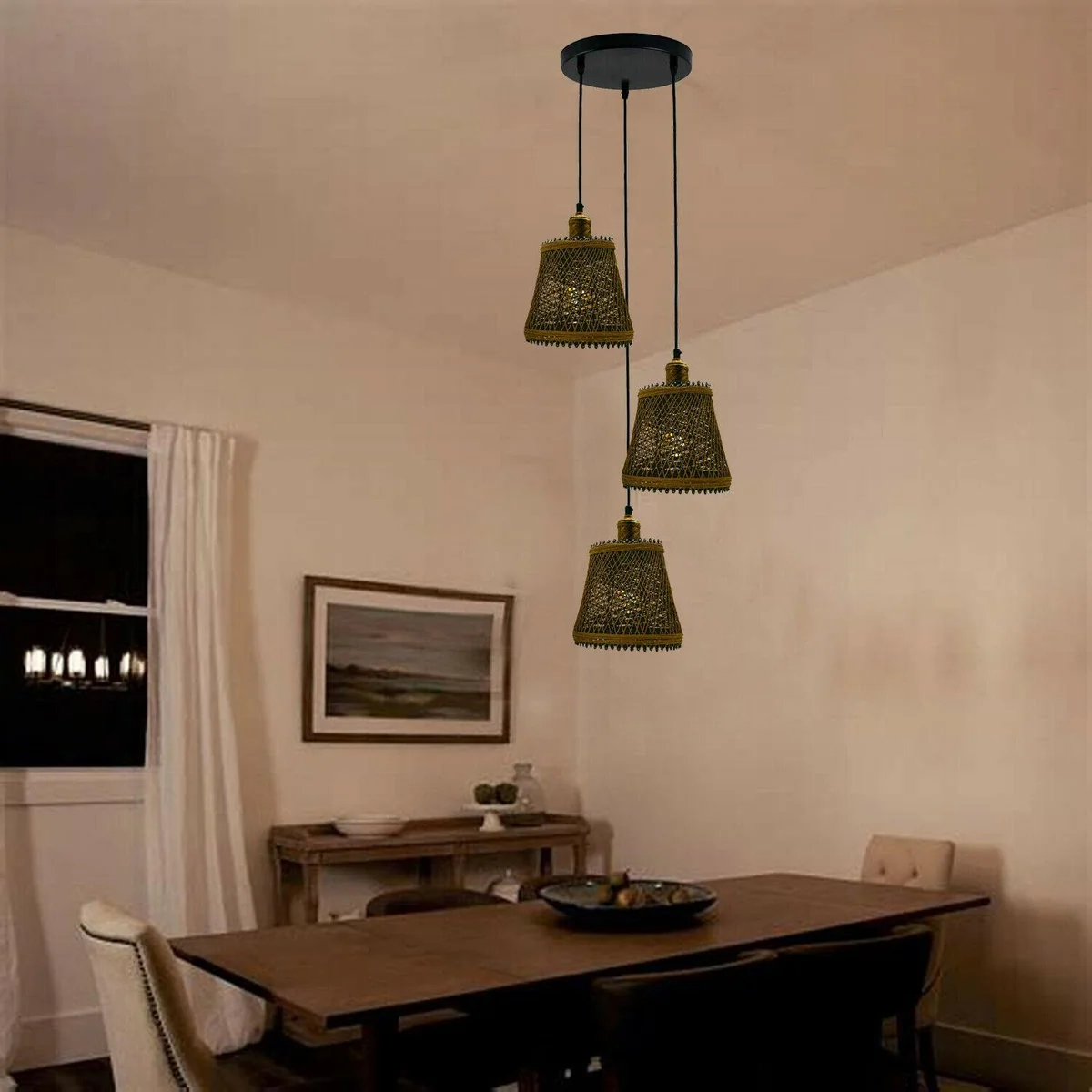 3 light ceiling pendant with brown metal frame and woven rattan wire shades