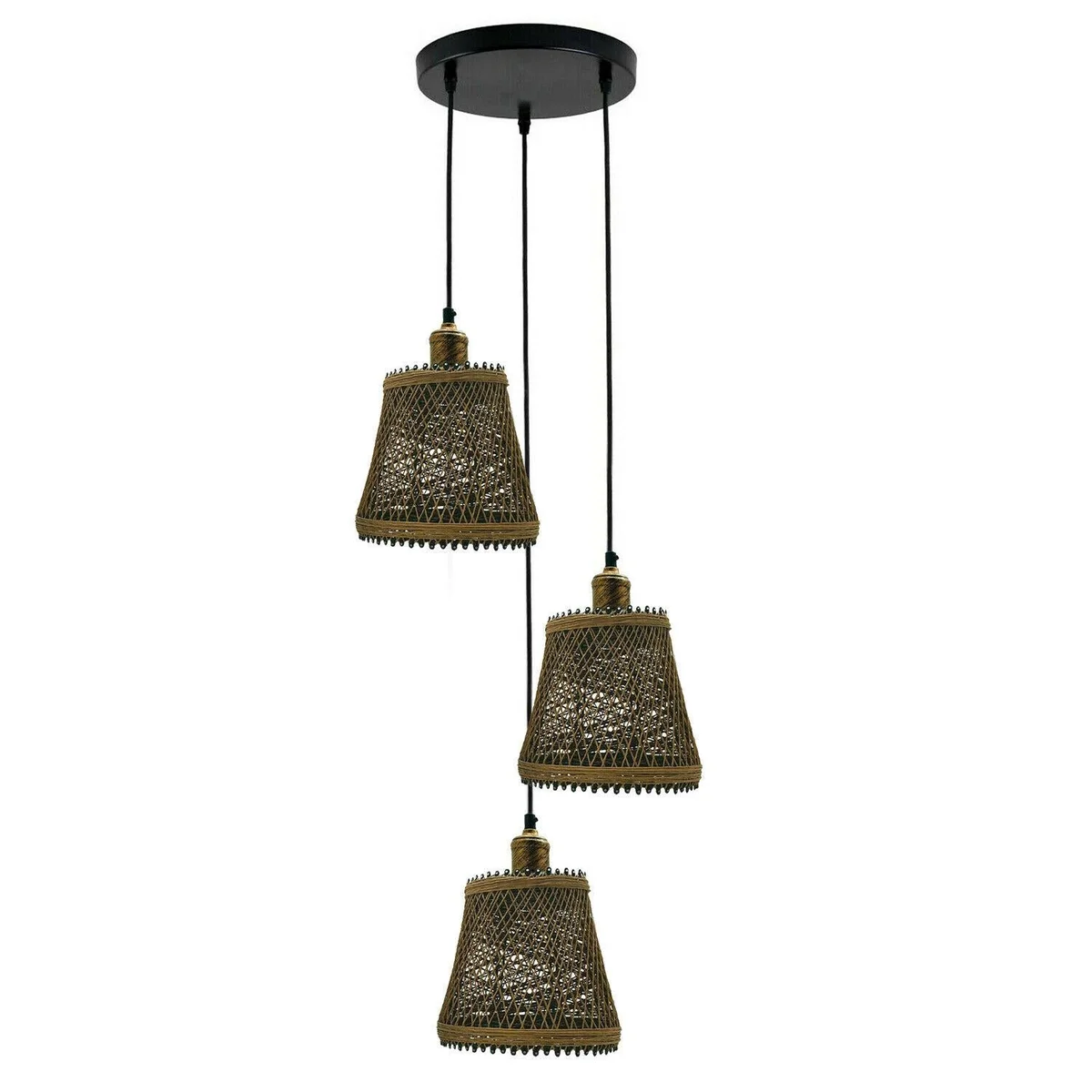 Brown industrial rattan wicker ceiling light with metal frame holding three E27 fixtures, 95cm hanging.