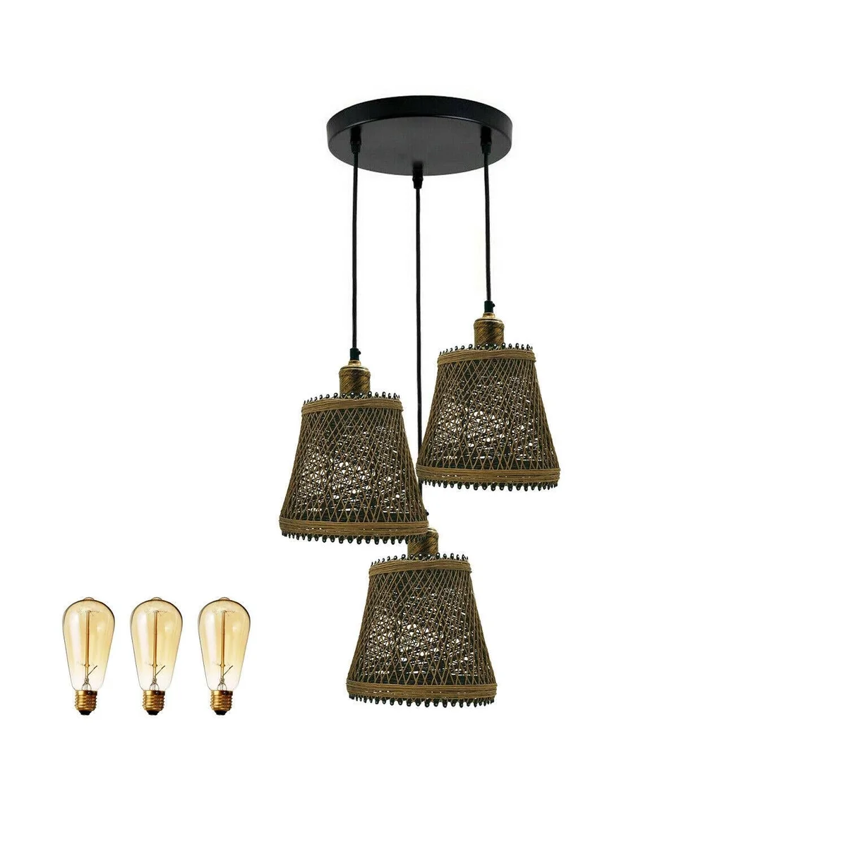 Brown industrial rattan chandelier ceiling light with metal frame and woven rattan shades, 3 sockets, hanging on 95cm cable