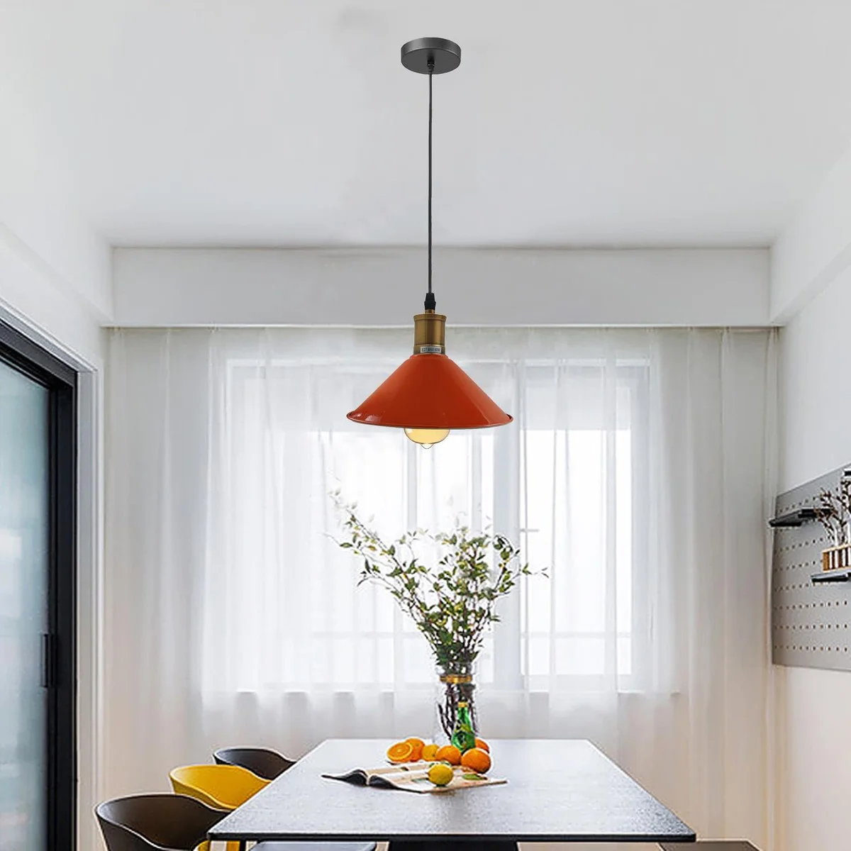 Modern metal pendant lamp with black metal shade hanging from ceiling, 95cm cable