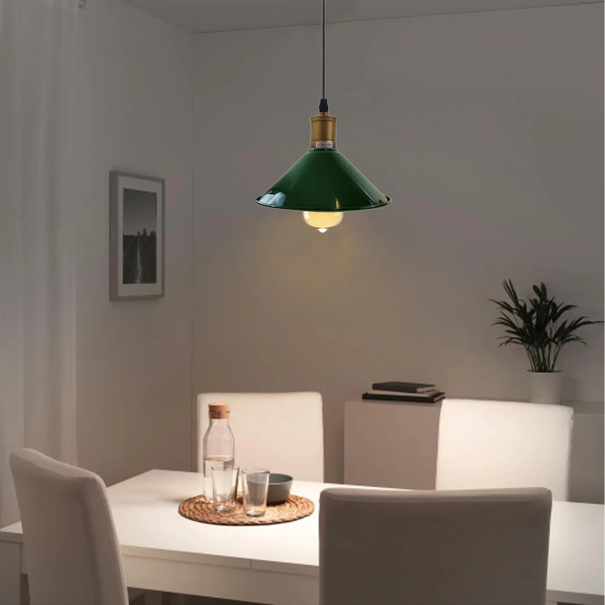 Cord pendant ceiling light with metal shade hanging from a ceiling plate, 95cm PVC cable, black metal frame, modern style.