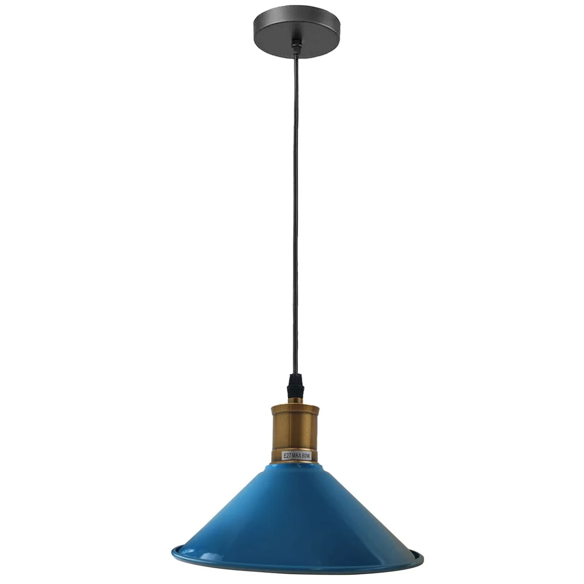 Vintage industrial pendant light featuring a black metal shade hanging from a metal canopy.