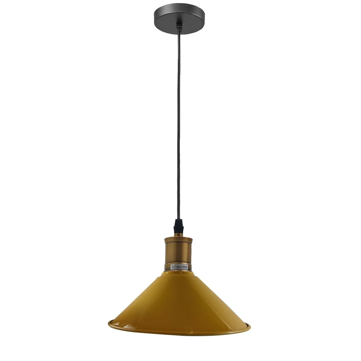 vintage industrial pendant light with metal shade, black frame, E27 base, 95cm cable.