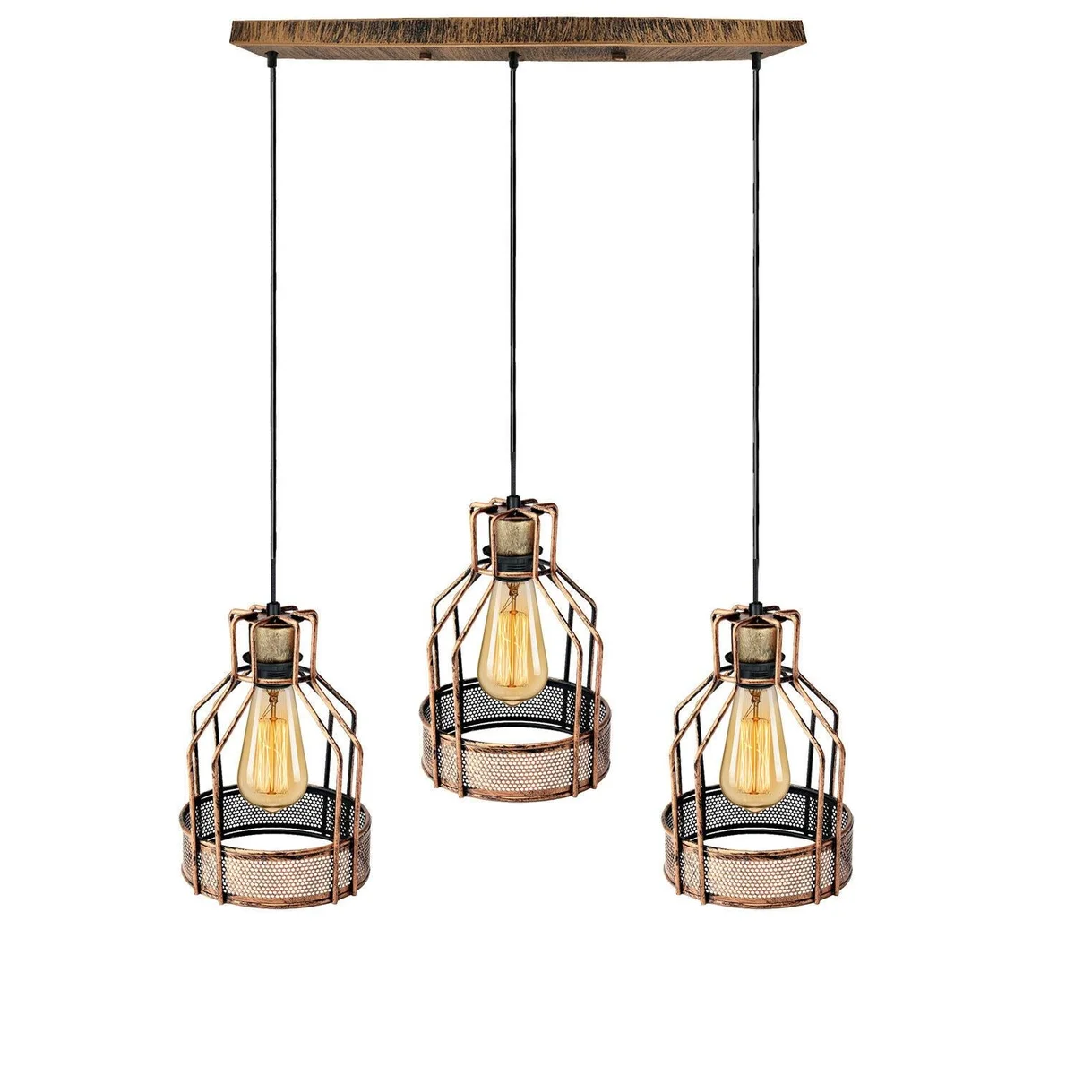 Three-brightened bird cage pendant light in brushed copper, hanging on 95cm PVC cable, with a polished metal ceiling plate.