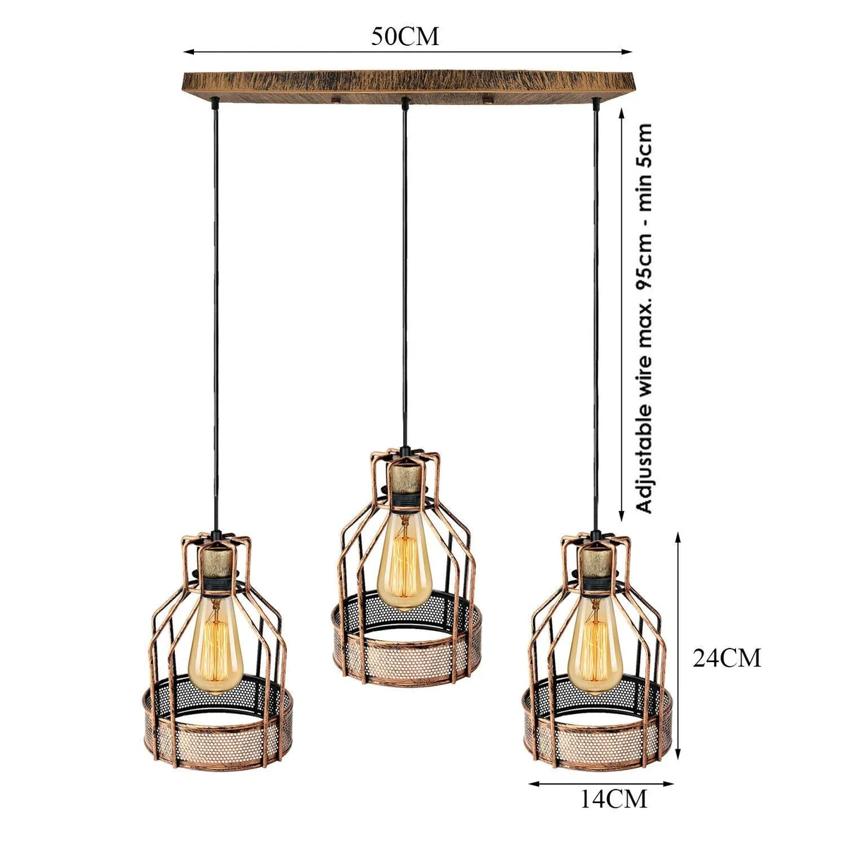 Vintage modern 3‑head E27 pendant lamp in brushed copper, bird cage shape with metal frame and PVC cord hanging from ceiling