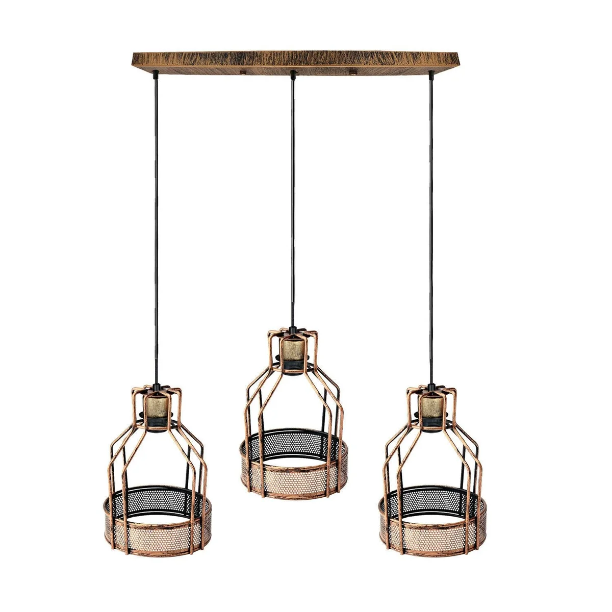Three‑led bird cage pendant light in brushed copper, mounted on a single E27 base with a 95cm PVC cable, hanging from a 50cm plate.