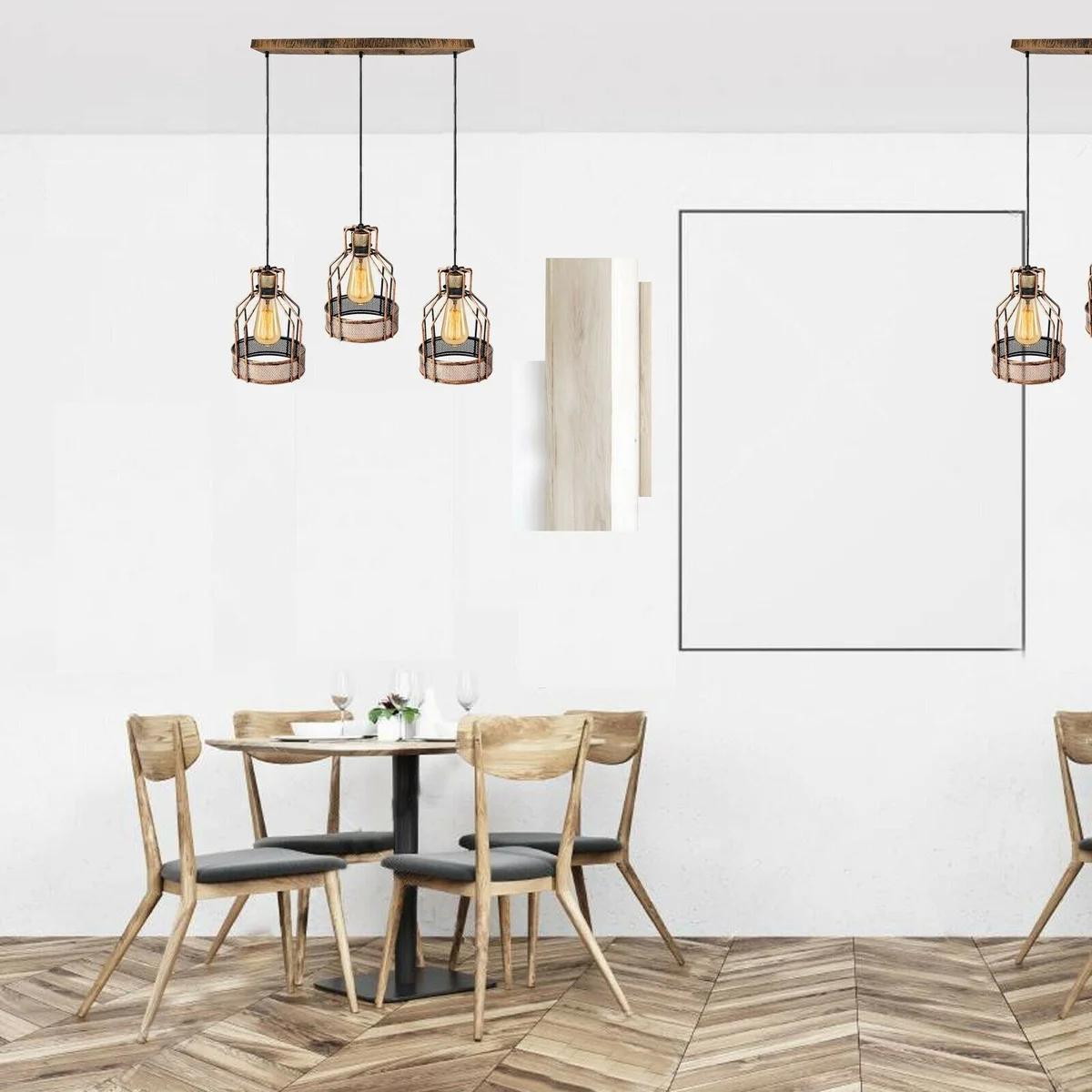 Three‑head bird cage pendant light in brushed copper, hanging with 95 cm PVC cable, metal frame and glass shades