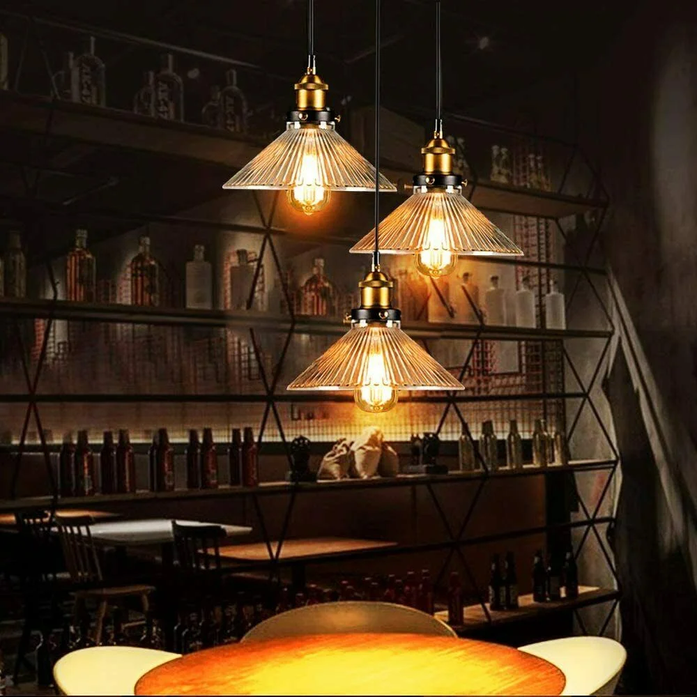Industrial ceiling pendant light with metal frame, amber glass shade, 25cm diameter, 95cm cable, amber and black finish