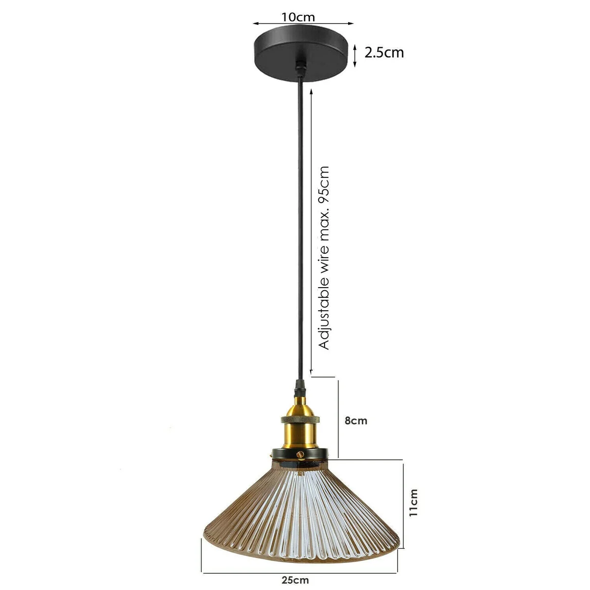 Amber black pendant lamp with a glass shade and black metal base, hanging from a 95cm cable.