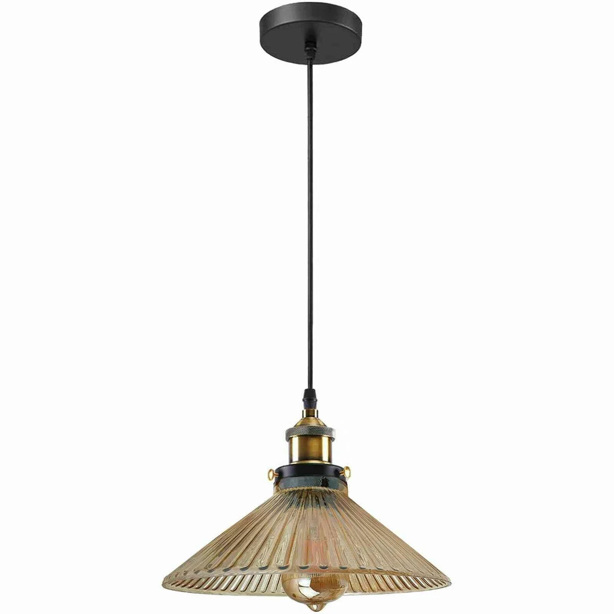 Industrial ceiling pendant light with amber glass shade, metal base, PVC cable, hanging 95cm from ceiling.