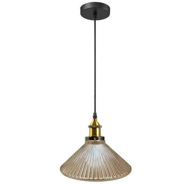Industrial ceiling pendant light with black metal base, amber glass shade, 95cm PVC cable, 25cm shade diameter, E27 lamp holder