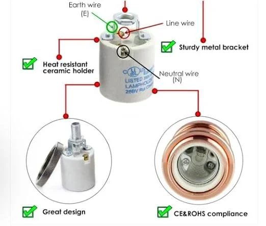 Metal vintage E27 lamp holder with visible Edison base, fitting 60W bulbs, for 110V-240V indoor fixtures.