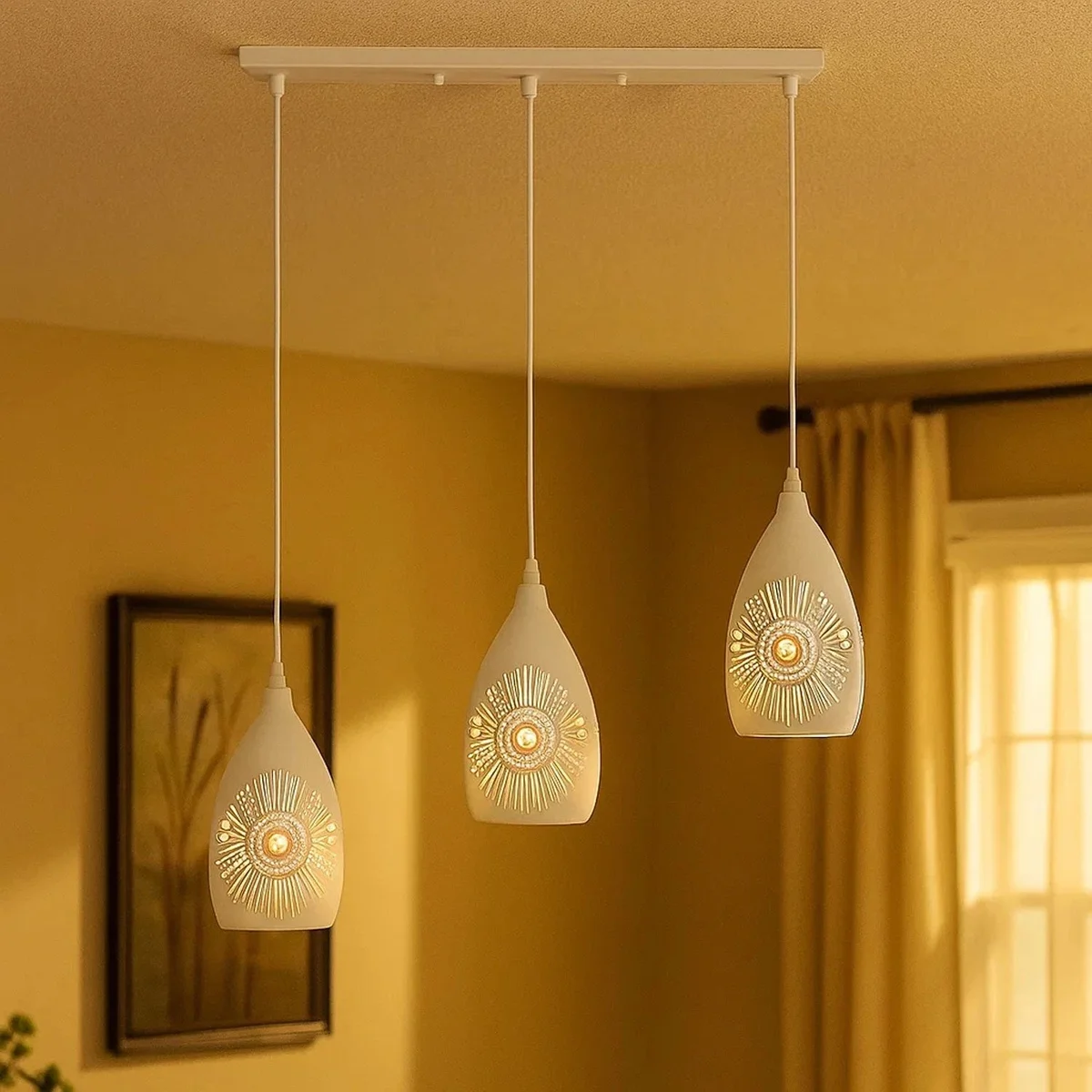 White pendant ceiling light with three metal shades on a 95cm PVC cable, finished in white.