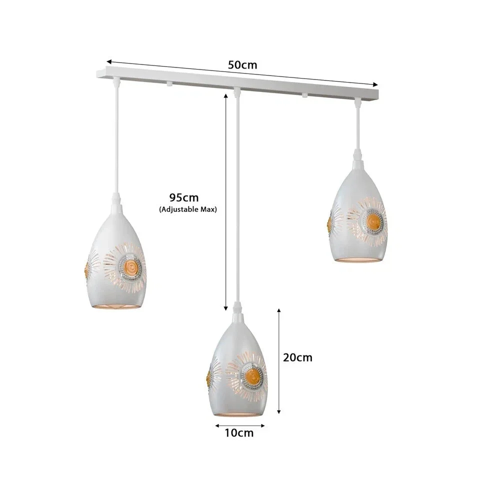 White 3 head ceiling light with metal and PVC frame, three holders, white diffusing shades, 95 cm cable.