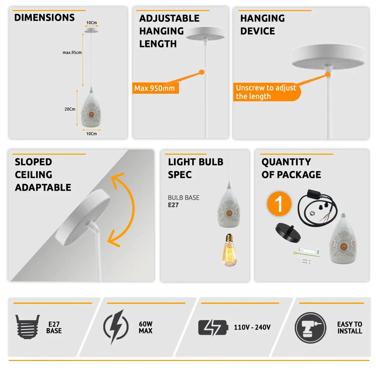 White metal & PVC 3‑head pendant lamp with E27 pendant light fitting, hanging from ceiling, each with a light shade.