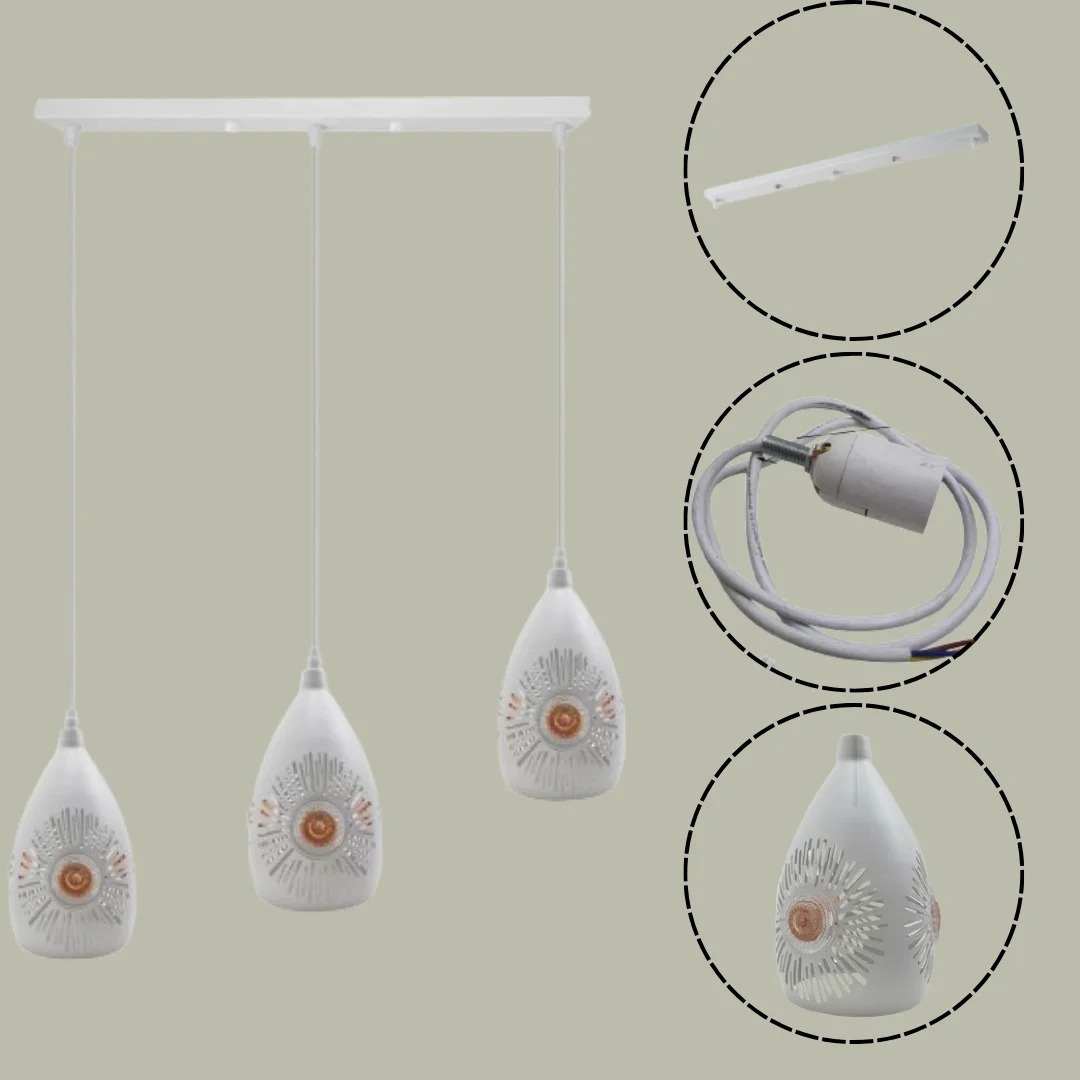 White hanging ceiling light with three metal fixtures, white shades, and a long PVC cable, hanging from the ceiling.