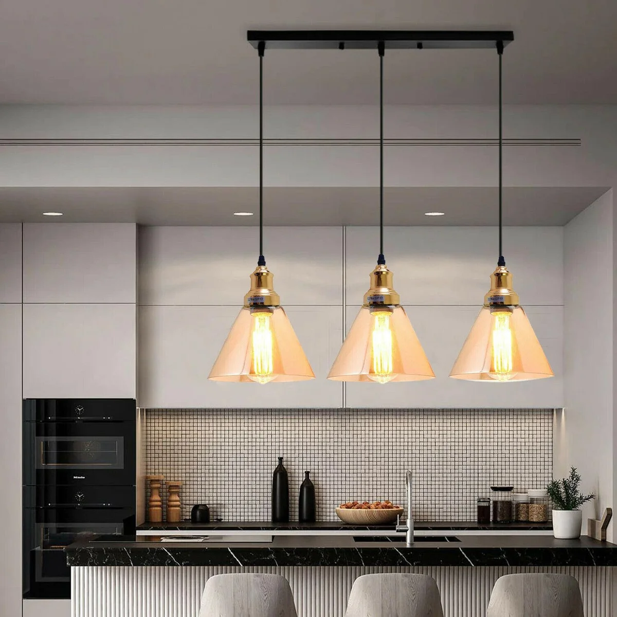 Industrial 3 light pendant with amber glass cone shades, thin metal cable, rectangular base, warm glow