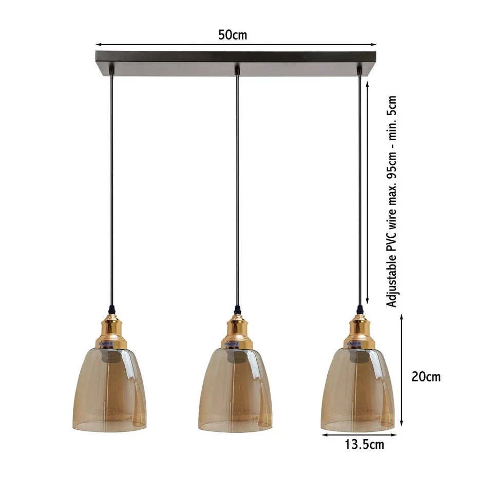 Industrial 3‑light amber glass pendant with high‑clarity amber glass shades, adjustable cables, metal base.