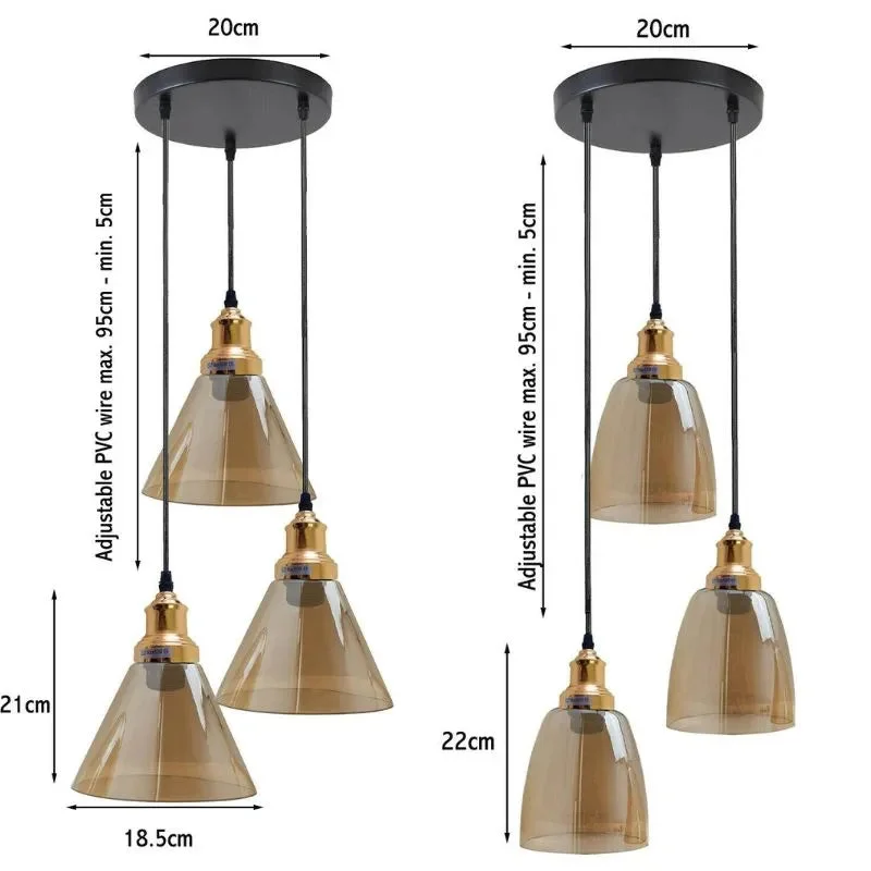 Industrial adjustable ceiling light with three amber glass shades and metal base