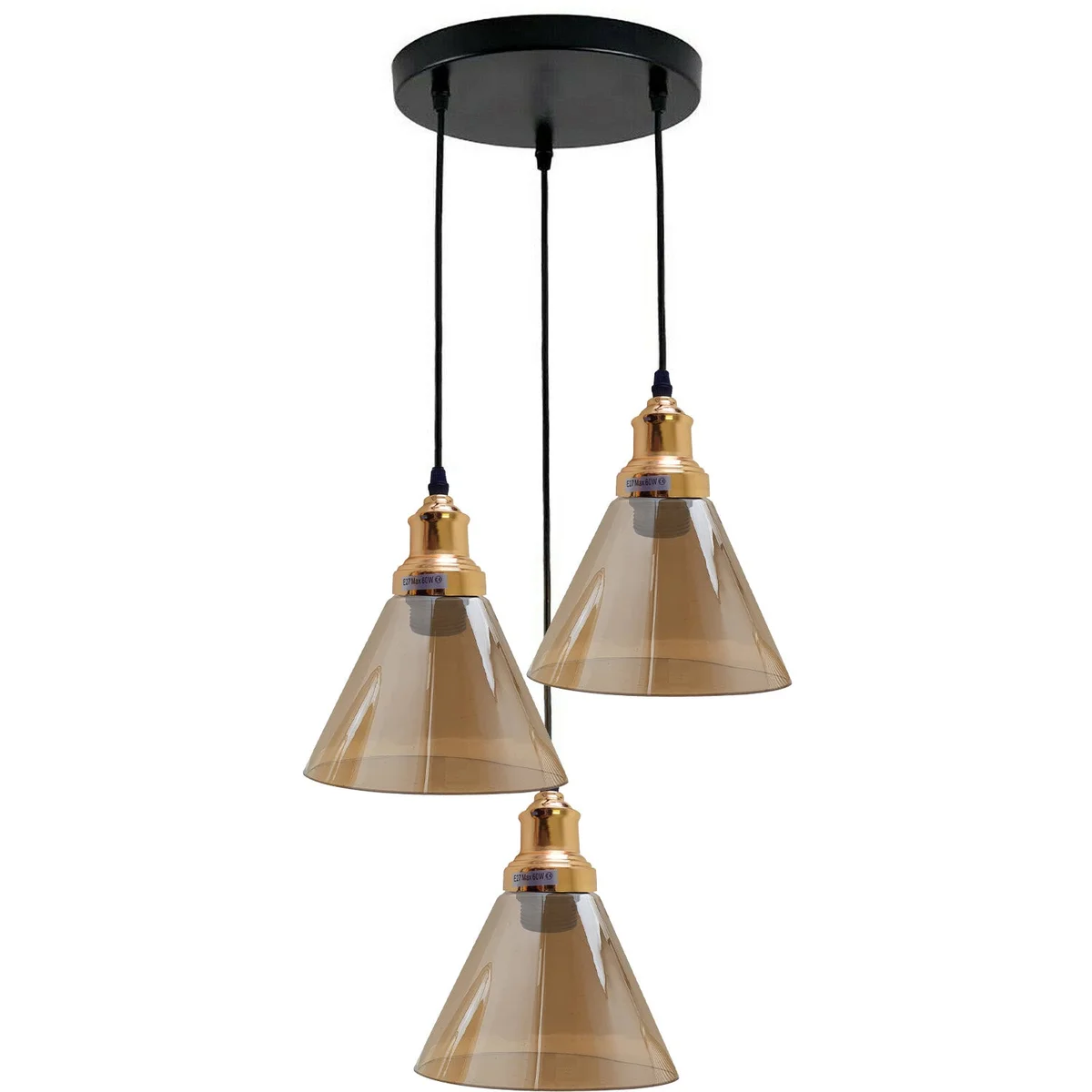Three amber glass pendant lights on metal frame with adjustable cables, bright vintage style lighting in industrial design.